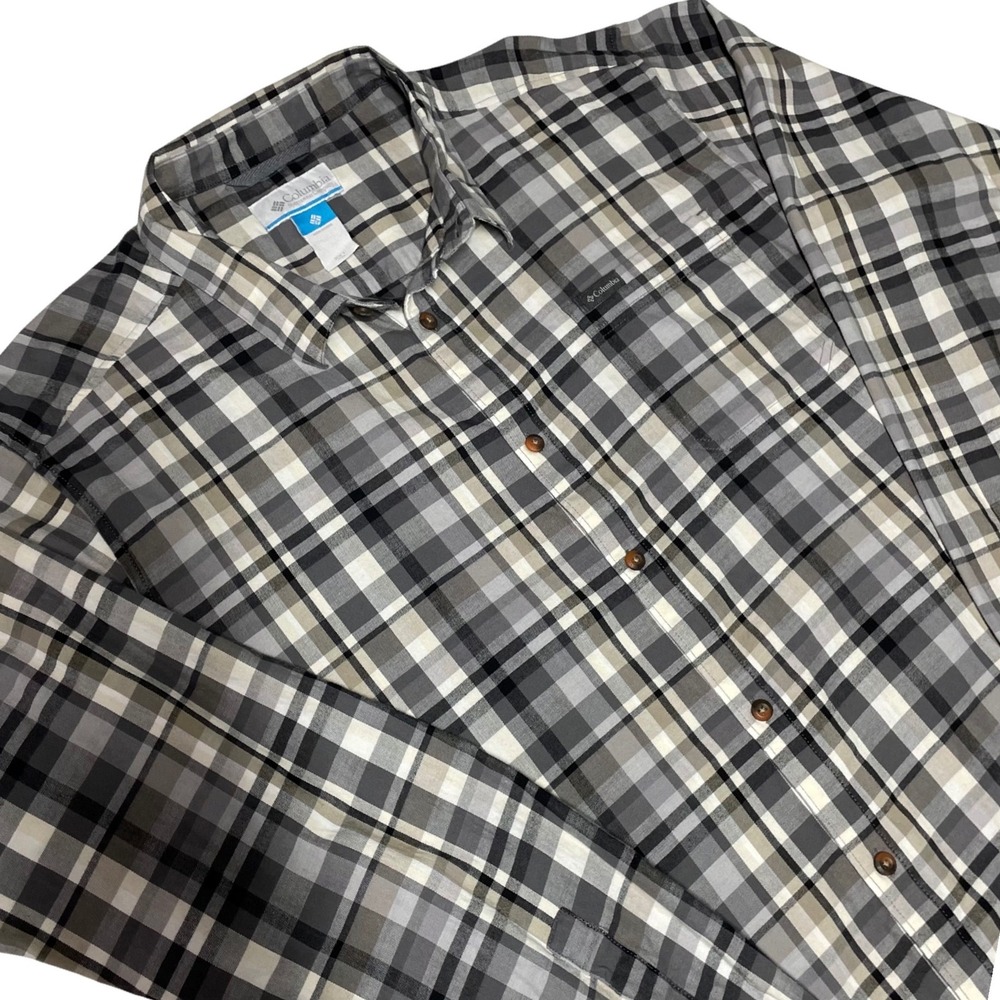 Columbia Mens 2XT Tall Grey Brown Plaid Cotton Stretch Long Sleeve Button Shirt